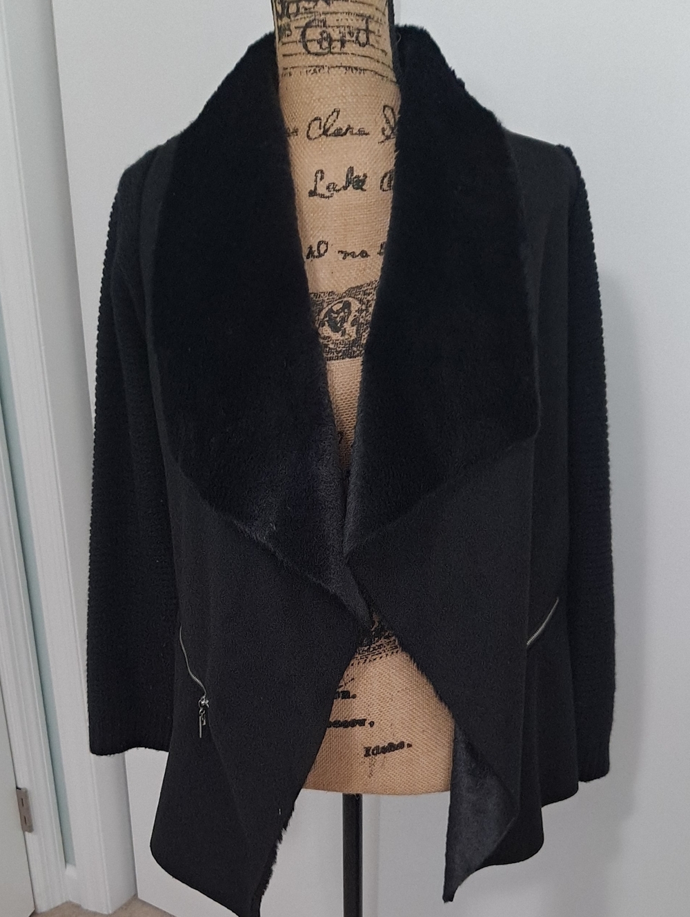 Women's Black Teddy Jacket with Faux Fur Shawl Collar